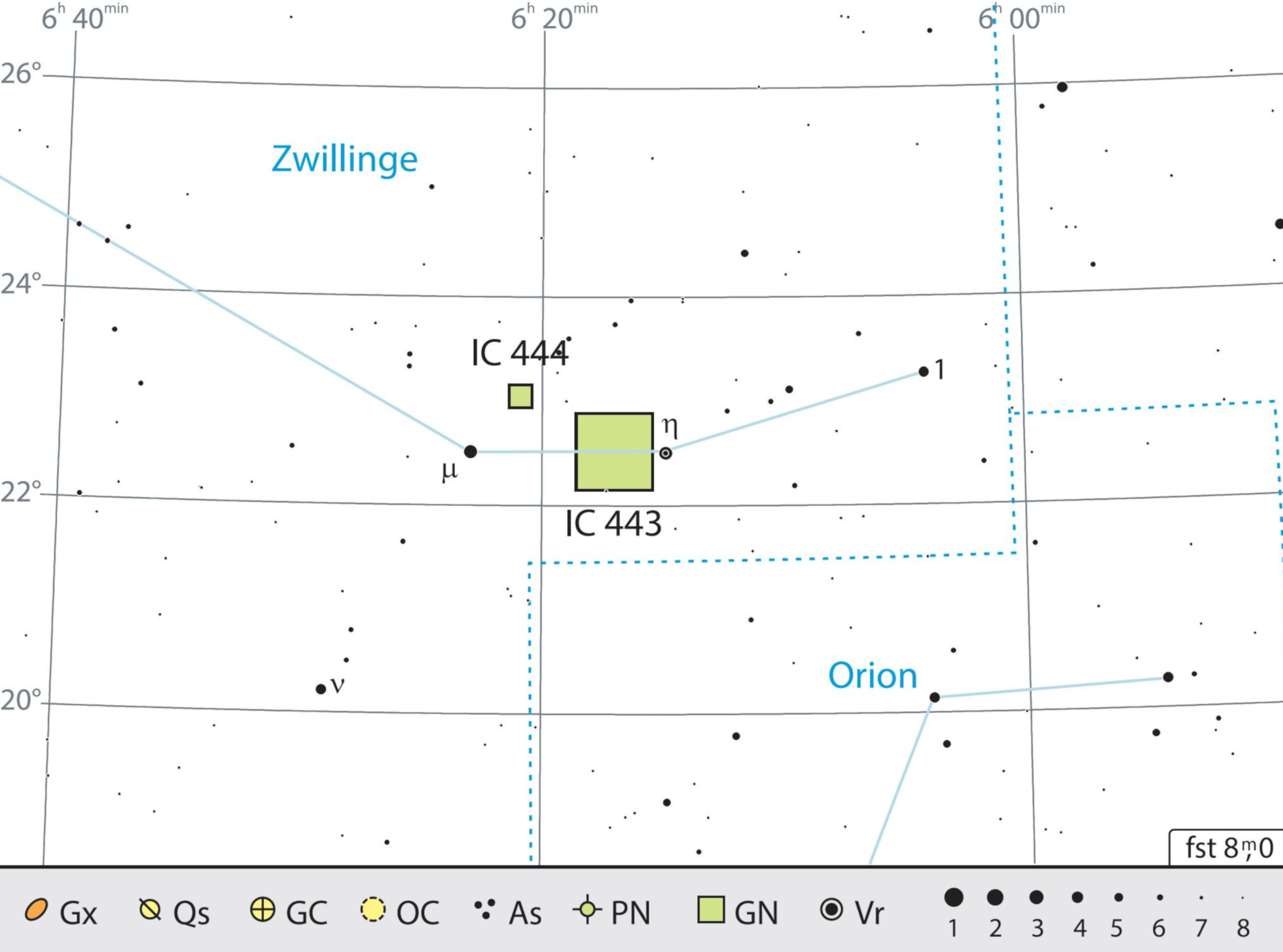 IC 443 é simples de encontrar entre as estrelas μ e η, na constelação Gémeos. J. Scholten 