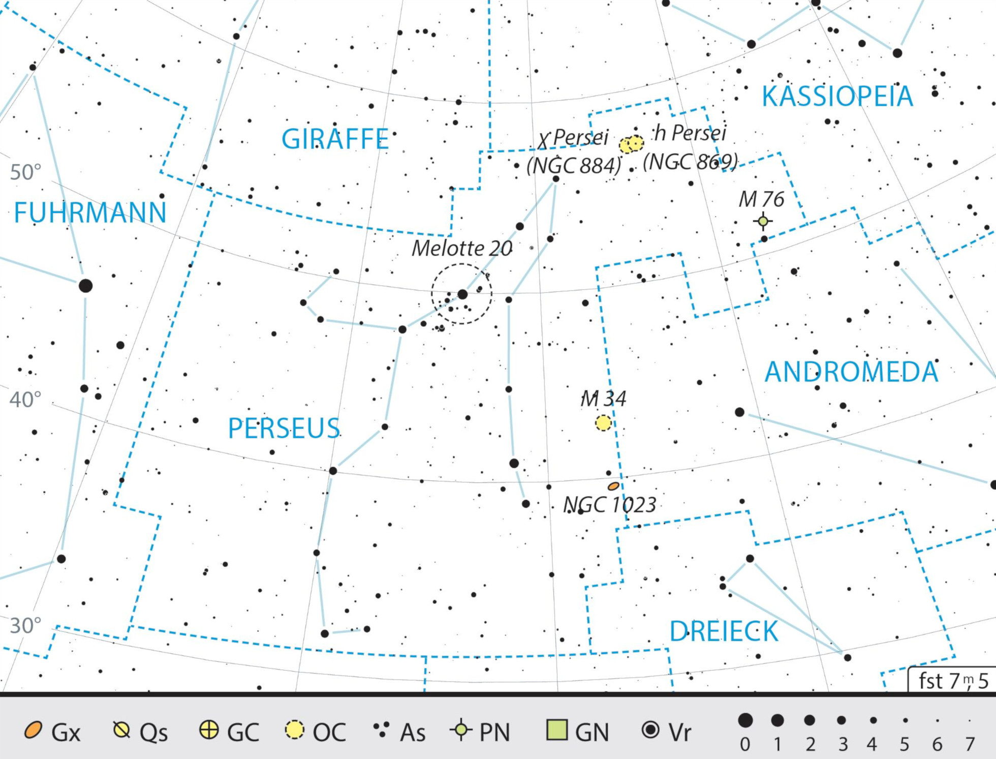 Mapa geral da constelação Perseu com as recomendações de observação. J. Scholten 