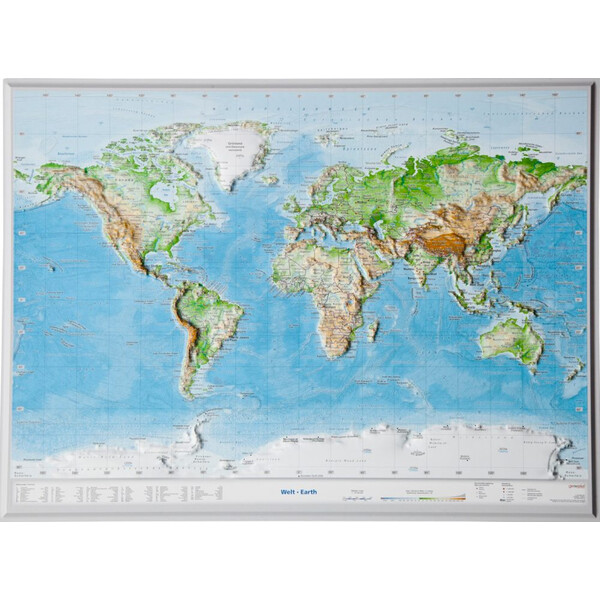 Georelief Mapa mundial 3D relief map of the world, small (in German)