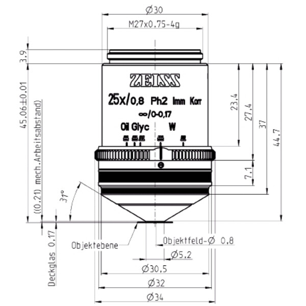 ZEISS objetivo Objektiv LCI Plan-Neofluar 25x/0,8 Imm Korr Ph2 wd=0,21mm