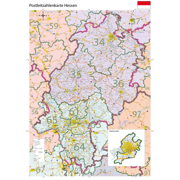 GeoMetro Mapa regional Hessen Postleitzahlen PLZ (100 x 140 cm)