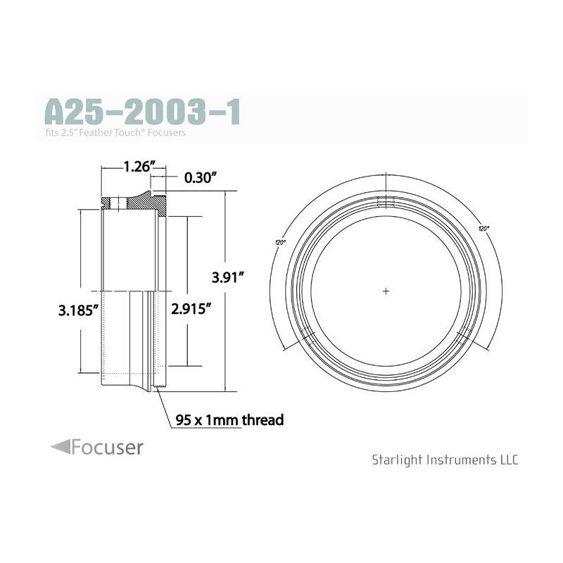 Starlight Instruments Adapter Adaptador de rosca macho 2.5" - 95x1mm, 0.9" L (Esta é nossa série de colares acoplados com Teflon FTF25)