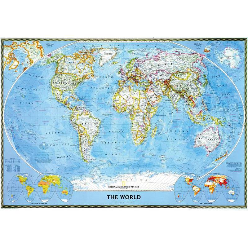 National Geographic Mapa mundial político clássico, quadro magnético, emoldurado (prateado)