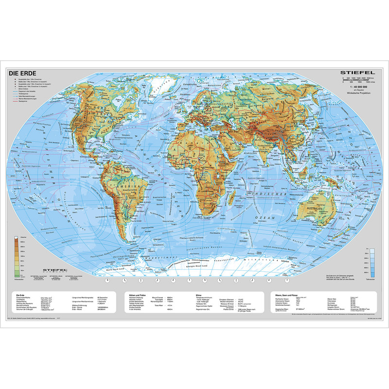 Stiefel Mapa mundial Physical map of the Earth  (in German) with metal strip