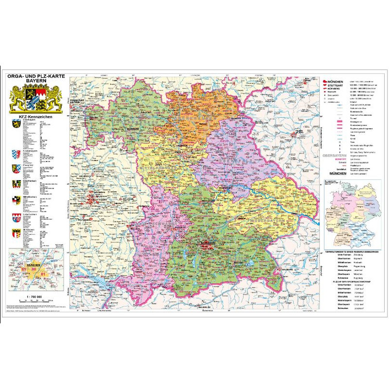 Stiefel Mapa regional Bayern politisch mit Postleitzahlen