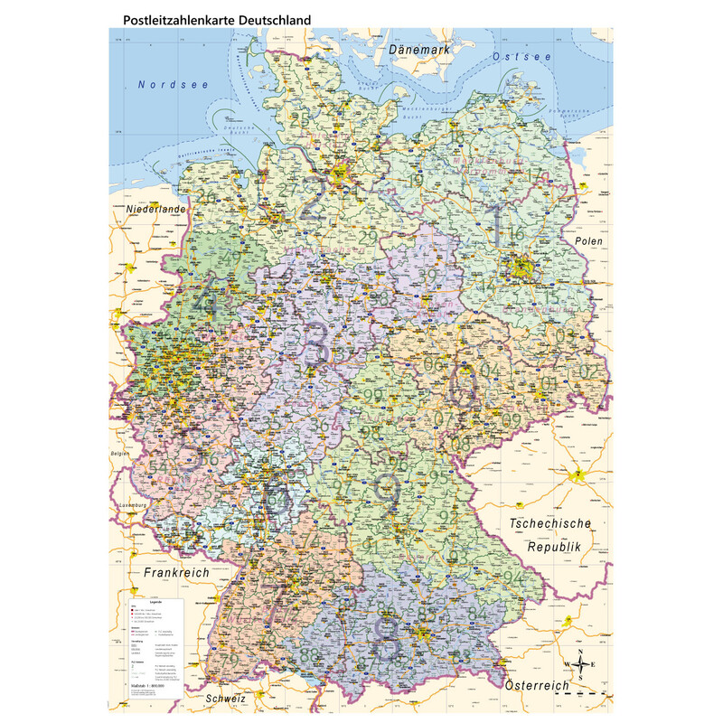 GeoMetro Mapa Deutschland politisch mit Postleitzahlen PLZ (84 x 114 cm)