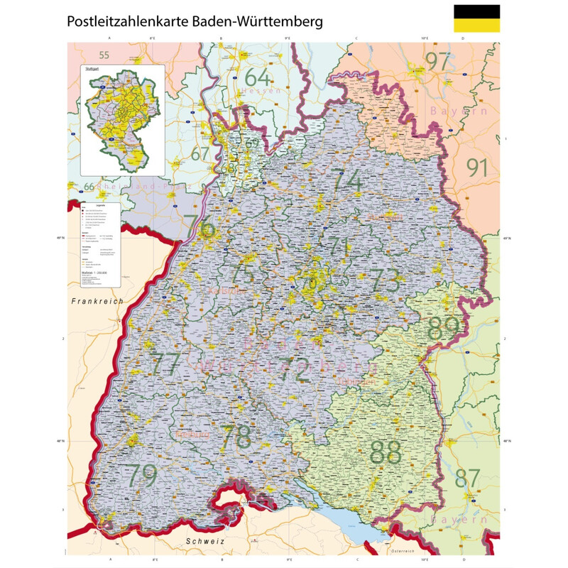 GeoMetro Mapa regional Baden-Württemberg Postleitzahlen PLZ (100 x 123 cm)