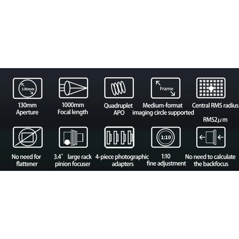 ZWO Refrator apocromático FF130 AP 130/1000 Quadruplet OTA